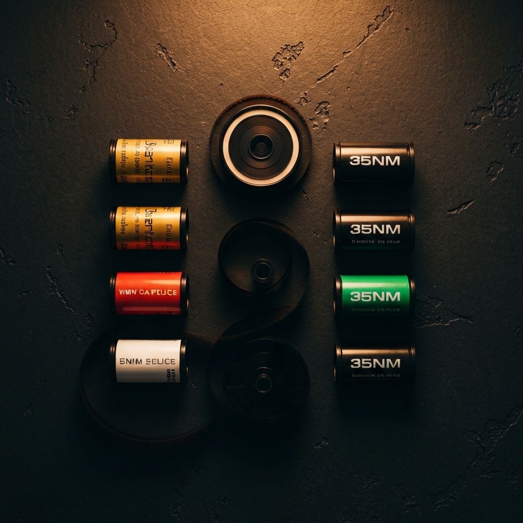 Collection of 35mm film canisters with colorful labels on dark surface